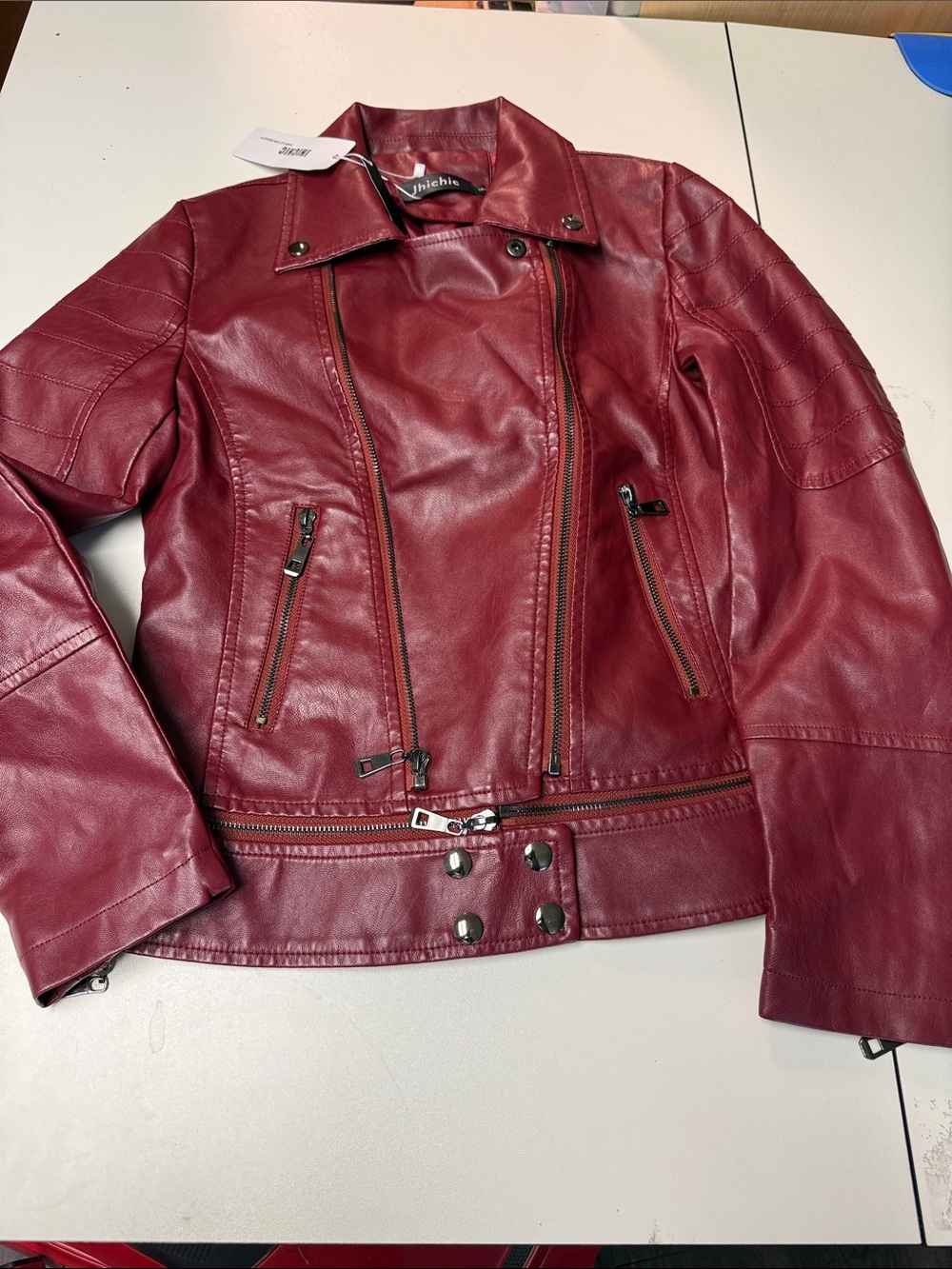 Women’s Burgundy Faux Leather Moto Jacket by